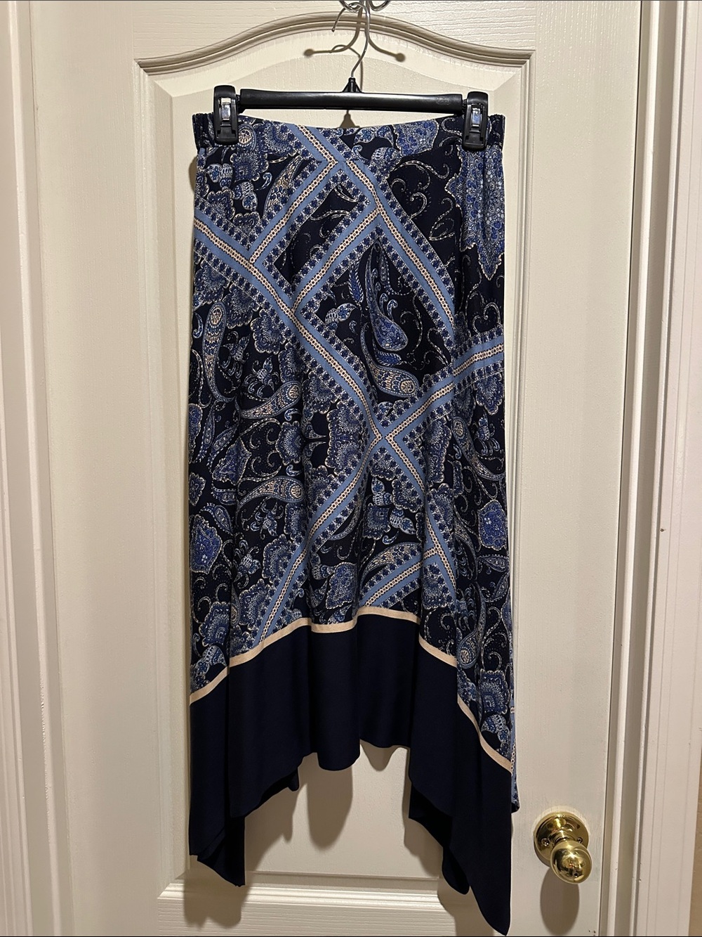 H&M Navy and Light Blue Paisley Asymmetrical Handkerchief Hem Skirt
